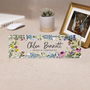 Personalized Name Plate for Desk, Flowers Wild Design On Clear Acrylic Glass, Custom Office Decor Nameplate Sign, Personalized Gift