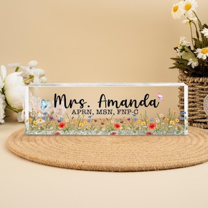 Personalized Name Plate for Desk, Flowers Wild Design On Clear Acrylic Glass, Custom Office Decor Nameplate Sign, Personalized Gift