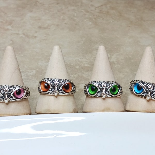 925 Sterling Silver Owl Ring adjustable men's/women's/unisex adult jewelry in choice of eye color: orange, green, blue, purple, pink