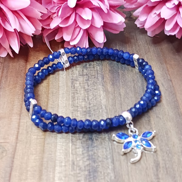 Genuine Sapphire and Rhinestone Dragonfly Charm Bracelet women's girl's adult/child double-wrap gemstone jewelry September birthstone