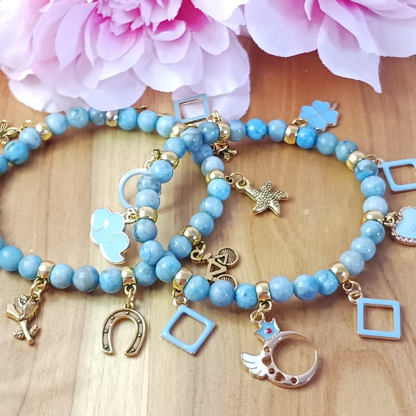 Bracelet à breloques en agate, dentelle folle bleue véritable, bijoux en pierre de ton naturel pour femme/fille avec alliage de métal doré ou breloques en émail turquoise