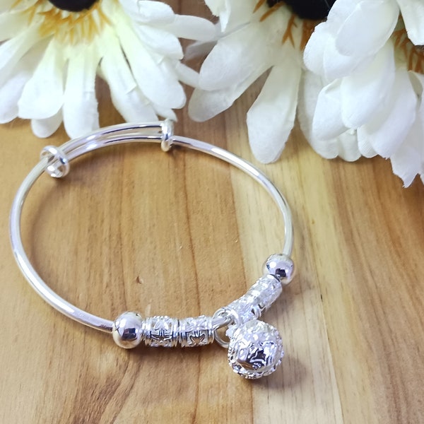 925 Sterling Silver Beaded Bangle Bracelet slip-on adjustable women's/girl's jewelry with seven beads and dangling "jingle bell"