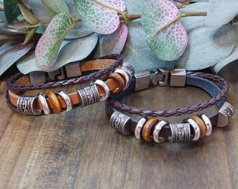 Leather 3-Strand Abstract Metal Alloy& Wood Bead Bracelet black or dark brown men's/unisex jewelry layered look stackable casual style