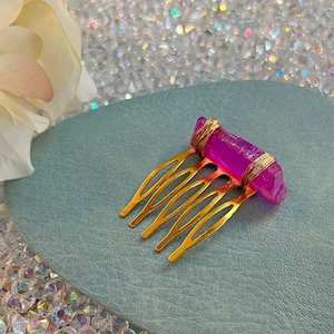 Hot Pink Rainbow Quartz Gemstone Comb | Raw Crystal Comb | Pink Quartz Handmade Hair Accessory Wedding Comb | Crystal Handmade Bridal Comb