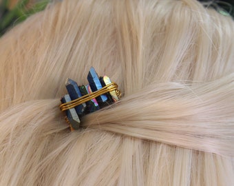 Rainbow Titanium Quartz Hair Comb | Raw Stone Crystal Bridal Hair Accessory