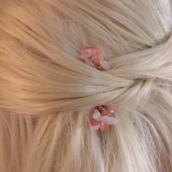 Rose Quartz Pink Gemstone Bobby Pins | Set of 2 Handmade Gemstone Chip Hair Pins | Rose Quartz Wedding Bobby Pins, Gemstone Bridal Hair Pins