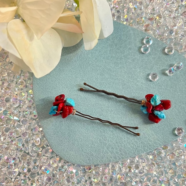 Red Coral & Turquoise Hair Pins | Set of 2 Handmade Gemstone Chip Bobby Pins Turquoise and Coral |  Wedding Bobby Pins Gemstone Bridal Hair