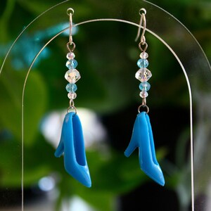 Blue Barbie Shoe Earrings | Hypoallergenic Handmade Crystal Barbie Earrings | Barbiecore Drop Earrings Silver and Blue Vintage Barbie Shoes