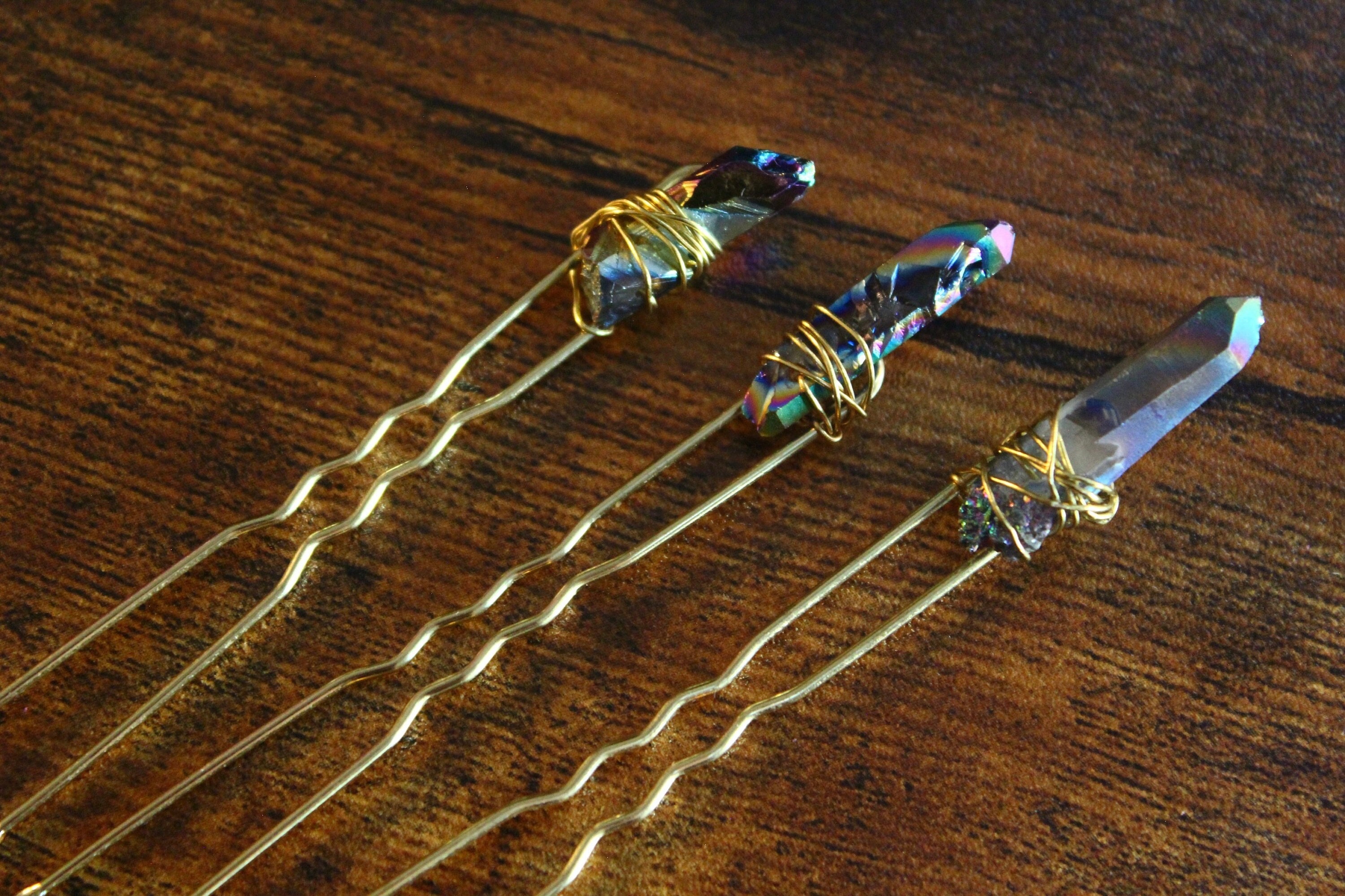 Clear Quartz w/ Rainbow Aura Wire Wrapped Hairpin Set Handmade Craft Bohemian Rainbow Aura Quartz Crystal Hair Clips: Tourmaline & Pyrite  main image 2