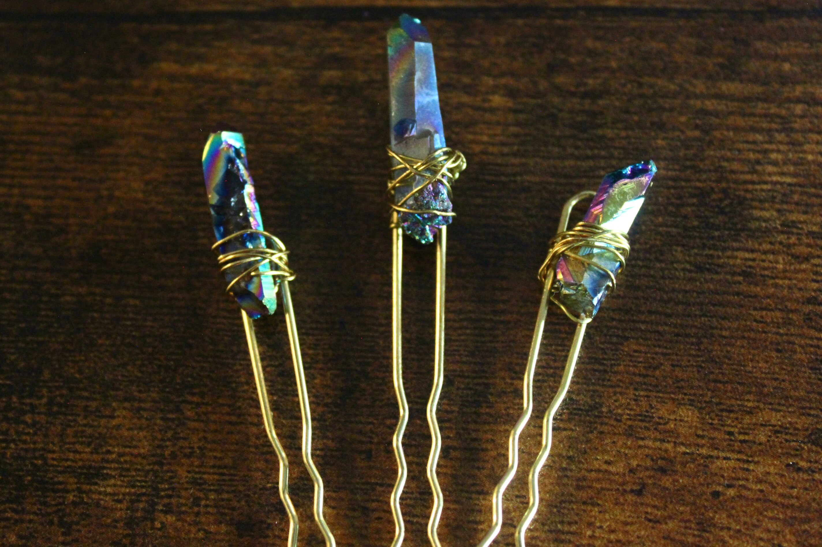 Clear Quartz w/ Rainbow Aura Wire Wrapped Hairpin Set Handmade Craft Bohemian Rainbow Titanium Quartz Earrings | Heatherfish main image 4
