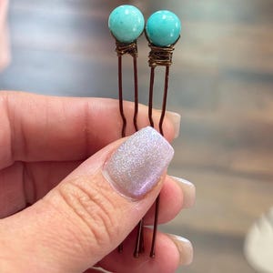 Turquoise Gemstone Bobby Pins | Set of 2 Handmade Gemstone Chip Hair Pins | Turquoise Bobby Pins, Gemstone Bridal Hair Pins