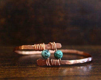 Handmade African Turquoise Copper Bracelet | Hammered Copper Bangle Wire Wrapped Gemstones | Turquoise Cuff Bracelet Turquoise Beaded Bangle