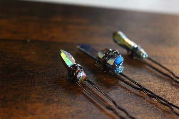 Clear Quartz w/ Rainbow Aura Wire Wrapped Hairpin Set  display picture 2