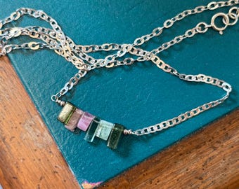 Handmade Sterling Silver Tourmaline Bar Necklace, Gemstone Jewelry