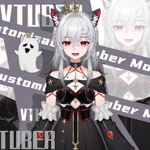 Op de afbeelding: Digitale illustratie van een vrouwelijk personage in anime-stijl met zilver haar, rode ogen en een zwarte en rode jurk. Het personage heeft kattenoren en een kroon. Er is ook een spookcartoon aanwezig. Het woord "VTUBER" is zichtbaar.