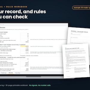 May include: A digital journal and rules workbook displayed on a laptop screen and two printed pages. The screen shows a trade review dashboard with statistics like win rate and discipline metrics. The printed pages include a worksheet and rulebook.