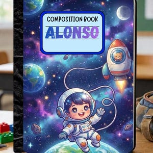 May include: A composition book with a space-themed cover featuring a cartoon astronaut floating above Earth, a rocket ship with a bear pilot, and a nebula background. The label at the top reads COMPOSITION BOOK and the name ALONSO in purple letters.