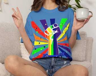 Rainbow Raised Fist Queer as Fuck T-Shirt | Pride Graphic Tee