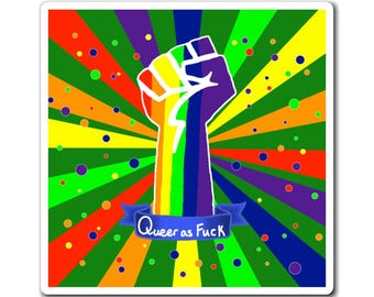 Rainbow Raised Fist magnet | Queer Pride Square Magnet, LGBTQ+ Protest Design