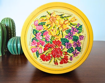 1988 Flower of the Month Tin | Vintage Cross-stitch Floral Design Storage Tin | Decorative Bin with 8-Bit Style Flowers