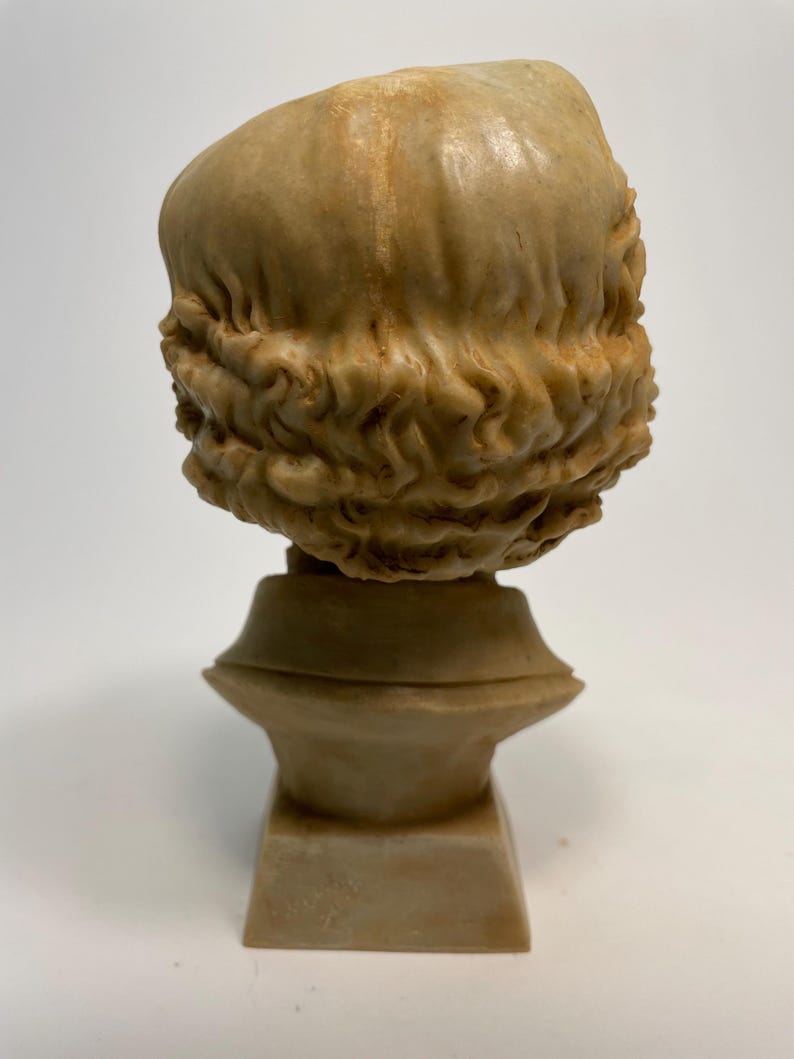 May include: A beige plaster bust of a person with curly hair. The bust is on a square base.