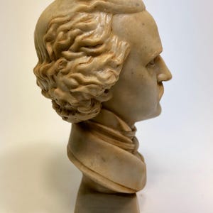 May include: A beige plaster bust of a man with a sculpted hairstyle. The bust is on a square base.