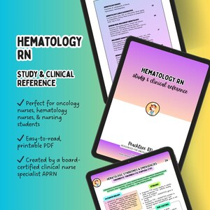 Op de afbeelding: Drie digitale tablets met hematologie studiemateriaal. De tablets tonen de tekst "HEMATOLOGY RN study & clinical reference" en "HEMATOLOGIC SYNDROMES & EMERGENCIES". De achtergrond is een verloop van paars en blauw.