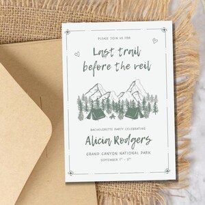 Last Trail Before the Veil Bachelorette Camp Bachelorette Weekend Itinerary and Invitation Canva Template Editable Camp Bach Invite Weddin