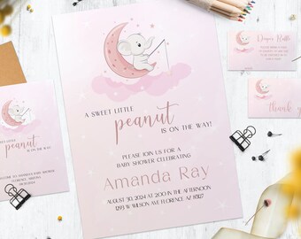 Einladungskarten Babyparty – Elefanten-Design, Grün, Neutral Für Jungen/Mädchen, Safari-Dschungel-Motto