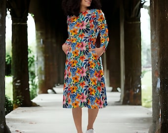 Long Sleeve Midi Dress with Pockets with Blooming Floral Pattern