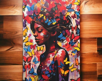 Wall Art Butterfly Graffiti Art Girl Surrounded By Colorful Butterflies Symbolizing Transformation Freedom and Beauty