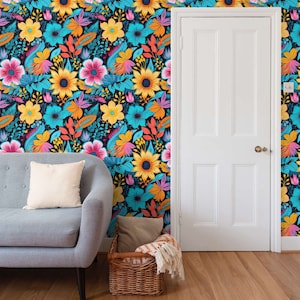 Eco Pop Art Floral Wallpaper Eco Friendly Peel and Stick or Pre Coated Options Handmade to Order
