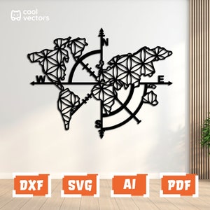 Peut inclure: Une décoration murale en métal noir représentant une silhouette de carte du monde avec un motif géométrique complexe de fleur de vie à l'intérieur des continents. Une grande rose des vents superposée inclut les lettres N, S, E et O.