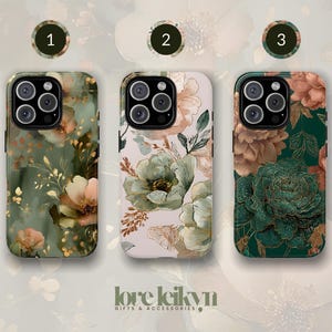 Green and Gold Flowers Tough Phone Case Fall Floral Pattern Cover for iPhone 16 Pro Max 15 Plus 14 13 12 11 X Samsung S25 S24 Pixel 9 8 7