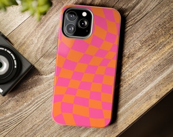 Tough Phone Cases, Pink and Orange checkered iPhone case, Checkered iPhone case, Skater iPhone Case, iPhone, Pink, Orange