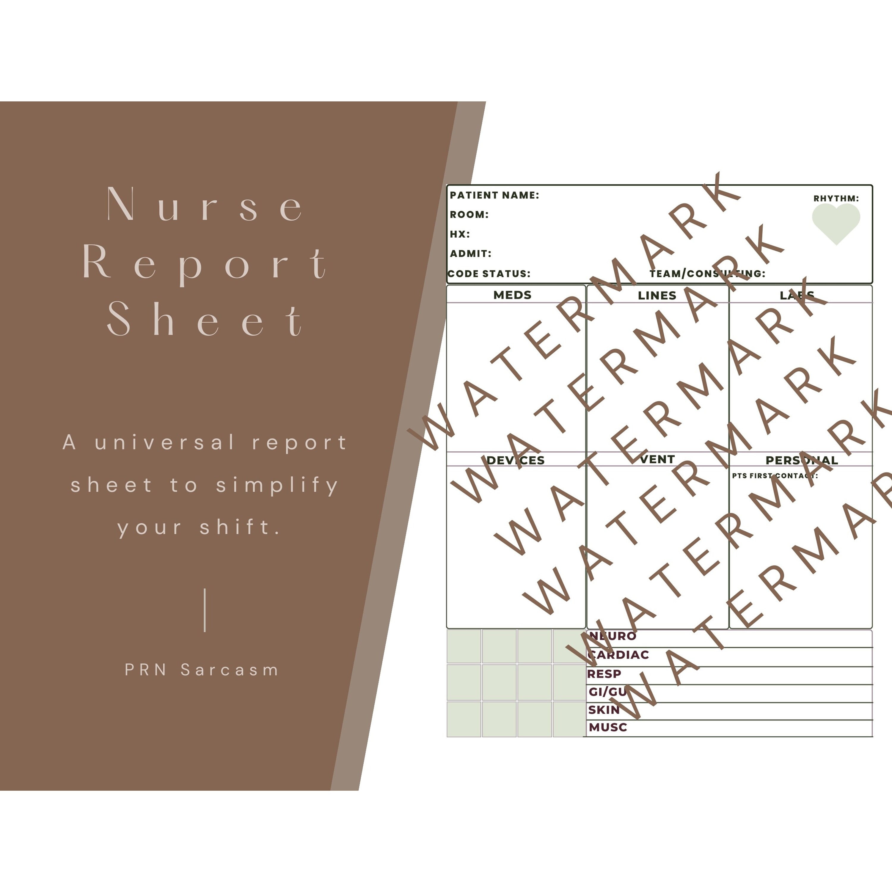 Universal Unit Nurse Report Sheet, Nurse Report, Nurse Notes, ICU Nurse
