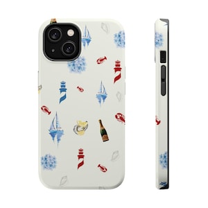May include: White iPhone case with a nautical and coastal themed pattern. The pattern includes sailboats, lighthouses, lobsters, oysters, and champagne bottles.