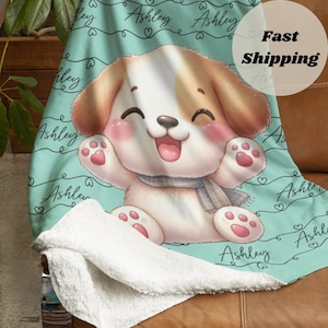 Personalisierte Decke mit Namen, Kawaii Girl Gamer Wohnkultur, anpassbarer rosa Plüsch, süßer Hundeliebhaber, Geschenk für Tochter, individueller Geburtstag