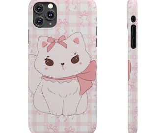 Kawaii Cat Slim Phone Case, Gift for Girls, Daughter, Pink iPhone Cover, Cute Kitty Design, Girly Phone Accessories