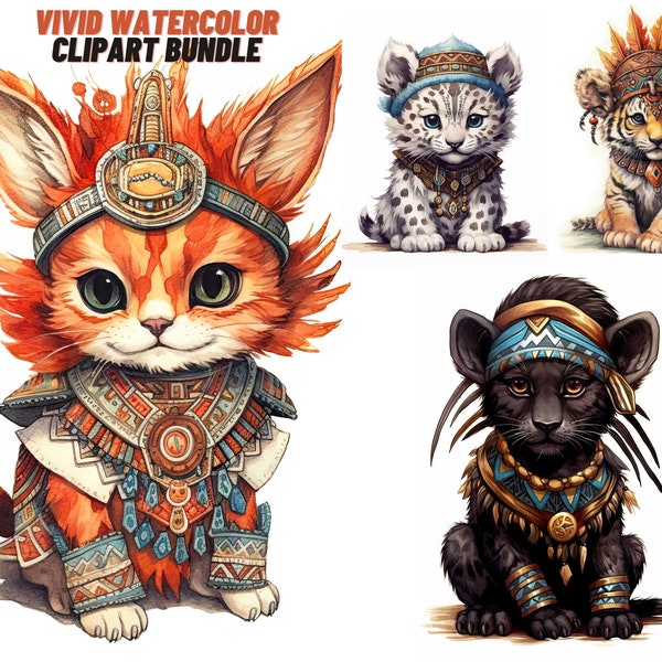 Watercolor Clipart Aztec Inca Kitten Clipart Bundle Costume Digital Download Cat Clipart Cute Junk Journal Printable Cat PNG Celestical Cat