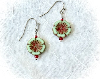 Earrings Picasso Turquoise & Red Hawaiian Hibiscus Flower Czech Glass Bead with Stainless Steel Ear Wire Hand-Crafted Handmade Jewelry Gift