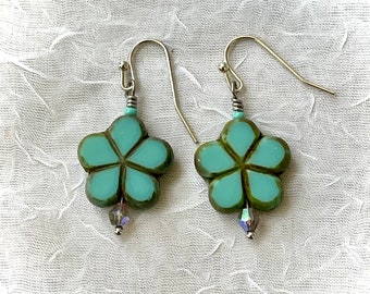Earrings, Picasso Turquoise Flower Czech Glass Bead with Stainless Steel Ear Wire - Hand-Crafted, Handmade Jewelry - Boho - Gift for Her