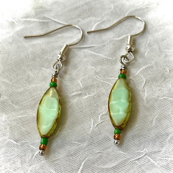 Earrings, Seafoam Green/Multi Pointed Oval Spindle Czech Glass Bead Stainless Steel Ear Wire - Hand-Crafted - Handmade Jewelry -Boho - Gift