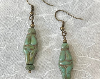 Earrings, Picasso Turquoise Goddess Czech Glass Bead with Stainless Steel Ear Wire - Hand-Crafted, Handmade Jewelry Gift for Her Yoga.