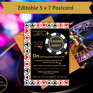 Uitnodiging feest casinoavond | Bewerkbare canvassjabloon | 5 x 7 | Digitale of fysieke download