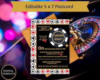 Casino Night Party Invitation | Editable Canva Template | 5x7 | Digital or Physical Download