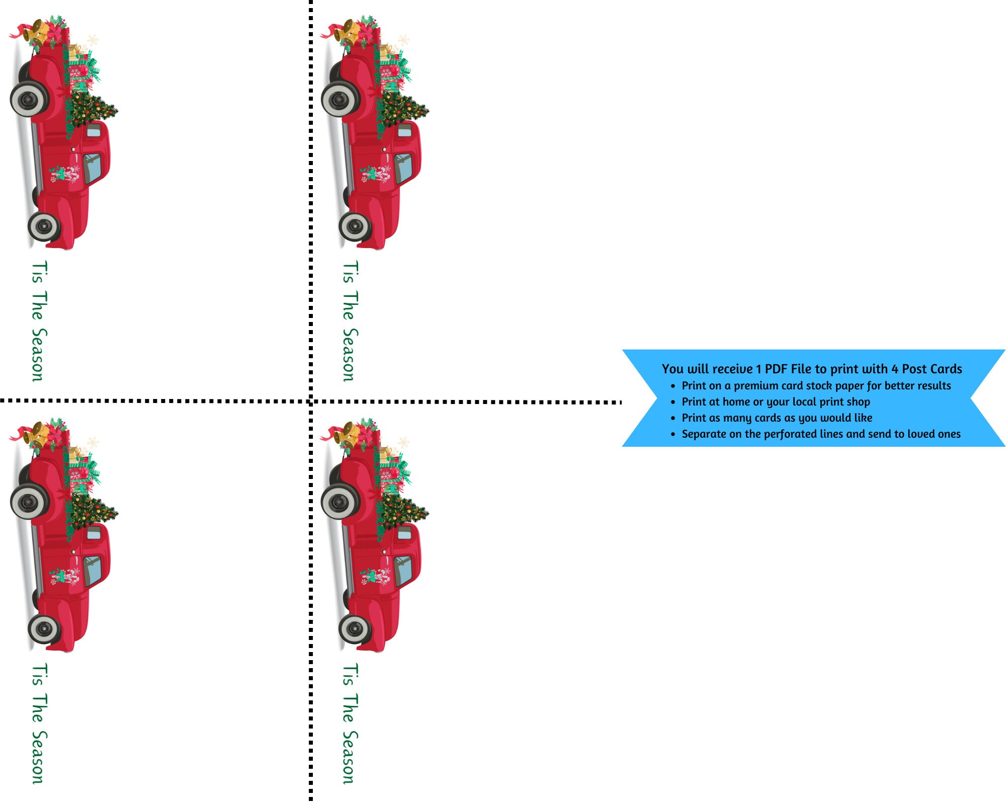 Holiday Pickup Truck Printable Postcard - 'tis the Season - Instant Download - 5.5 X 4.25 - Set ...