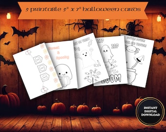 5 Card Halloween Printable Bundle, Holiday Card, Kids Halloween Card, Personalized Coloring Card, Downloadable Printable Card