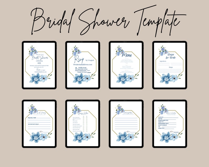 Blue Floral Bridal Shower Template Bundle, Bridal Shower Game Template ...