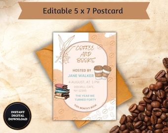 Editable Coffee and Books Birthday Invitation | Digital Download | Book Lover&#39;s Party | 5x7 Canva Template
